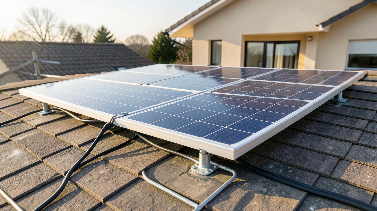 panneau solaire individuel installé sur un toit de maison avec câbles et fixations visibles