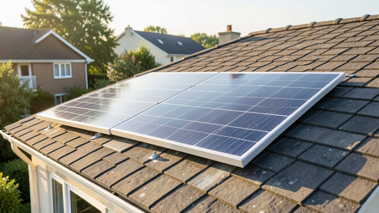 panneau solaire individuel prix montrant le dispositif installé sur un toit résidentiel avec un arrière-plan de ciel bleu