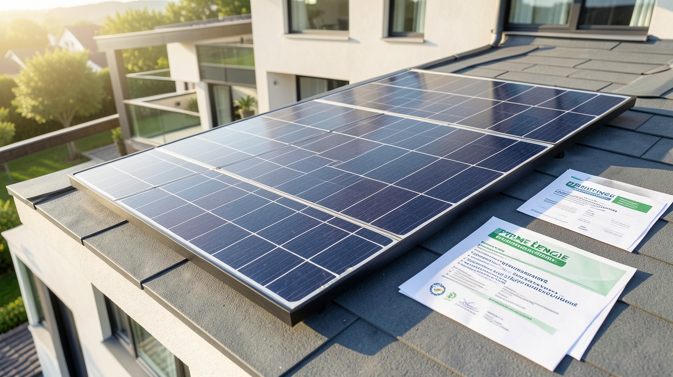 panneau solaire individuel installé sur un toit avec des documents de subventions, aides financières et Prime Énergie Rénovation