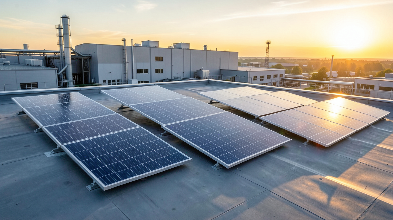 panneau solaire industriel présentant trois solutions photovoltaïques : panneaux bifaciaux, à couche mince et monocristallins sur un toit d'usine