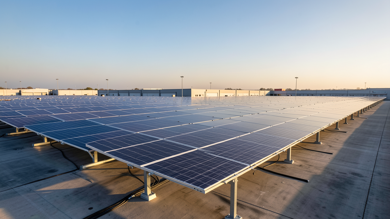 panneau solaire industriel installé sur le toit d'un entrepôt logistique moderne