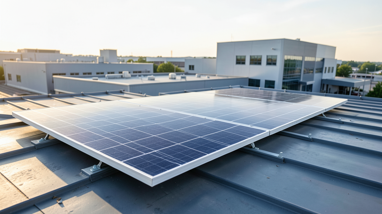 panneau solaire industriel installé sur le toit d'une usine moderne et fonctionnelle