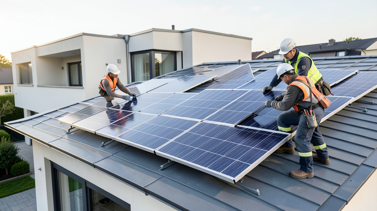 panneau solaire insolight prix lors de l'installation sur un toit résidentiel avec des techniciens