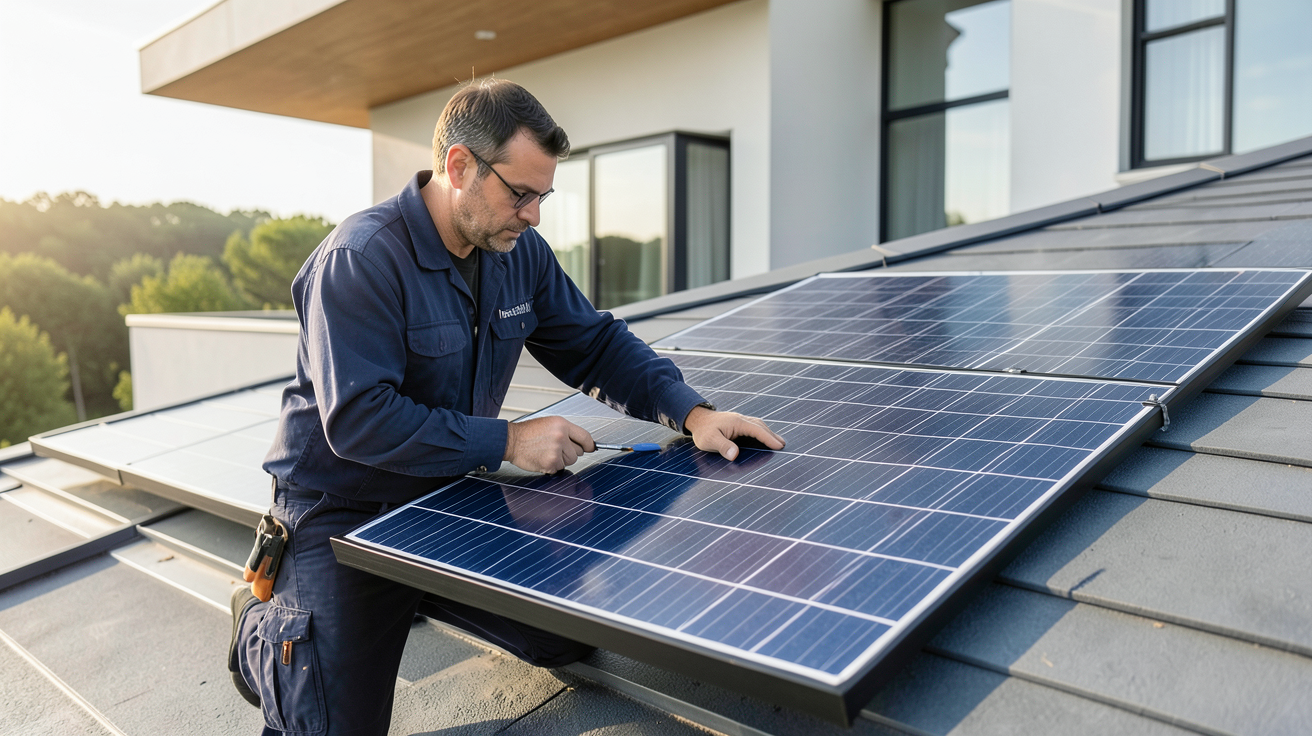 panneau solaire insolight prix montrant un technicien examinant un panneau solaire sur un toit résidentiel sous lumière naturelle