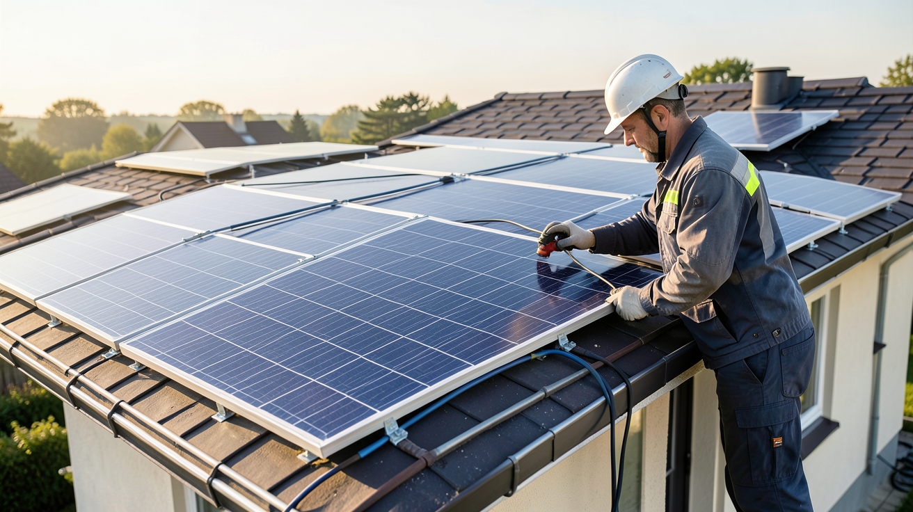 panneau solaire installation étapes clés bonnes pratiques technicien ajustant les fixations sur un toit
