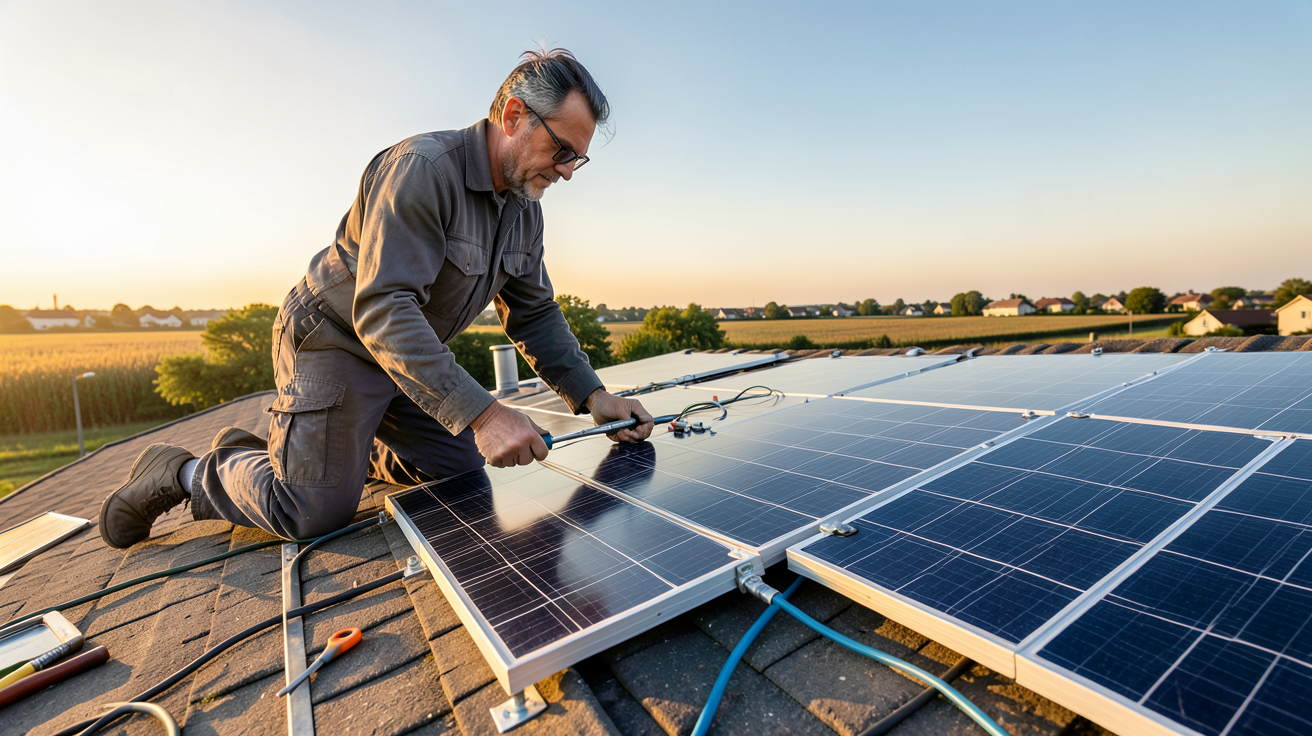 panneau solaire installation : artisan installant des panneaux solaires sur un toit de maison avec outils et fixations