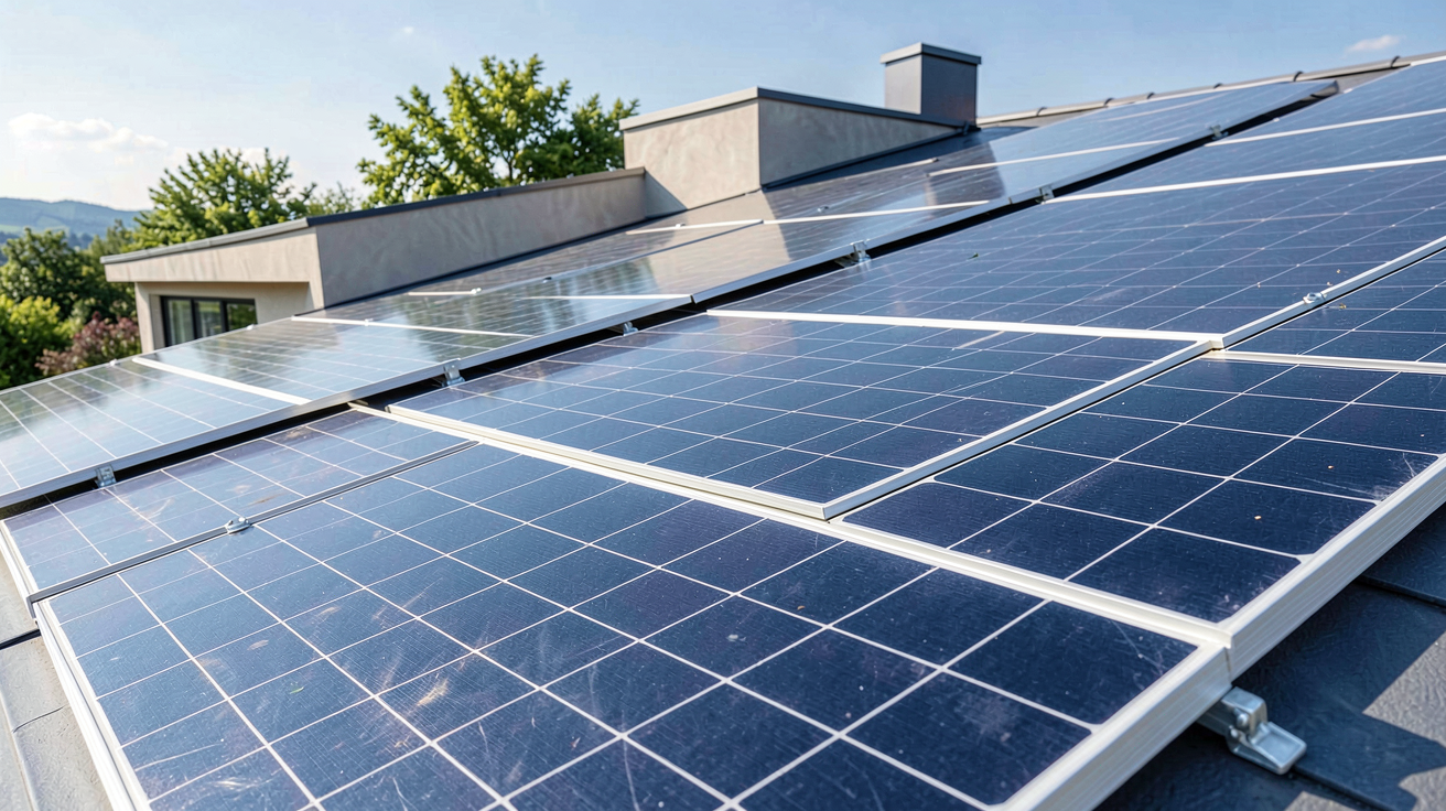 panneau solaire installé sur le toit d'une maison moderne sous un ciel dégagé