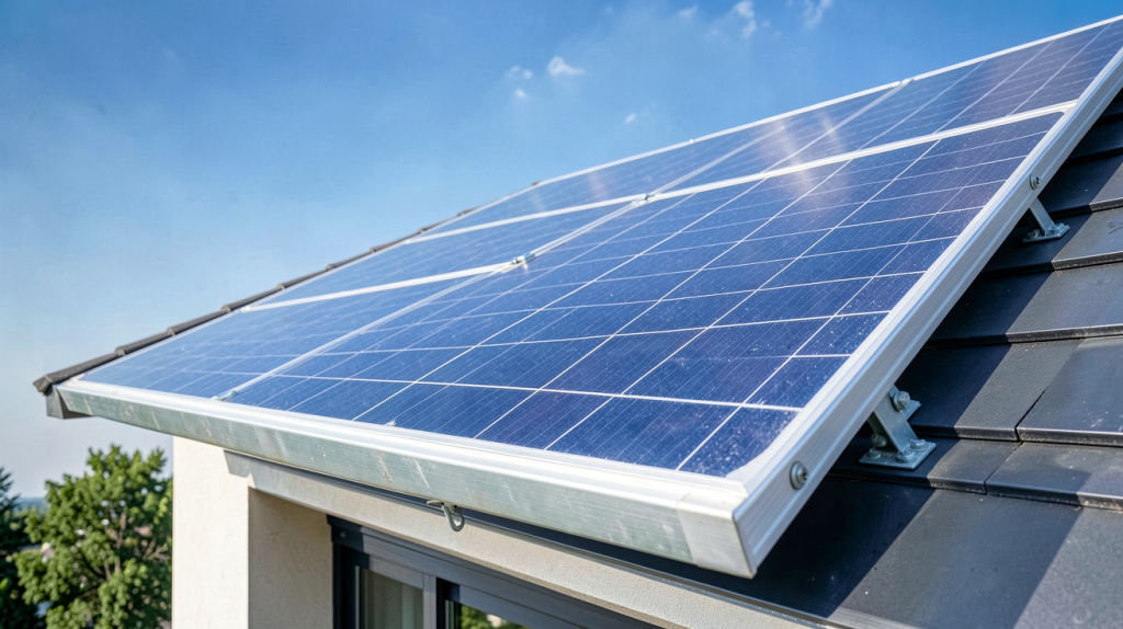 panneau solaire installé sur le toit d'une maison contemporaine sous un ciel bleu