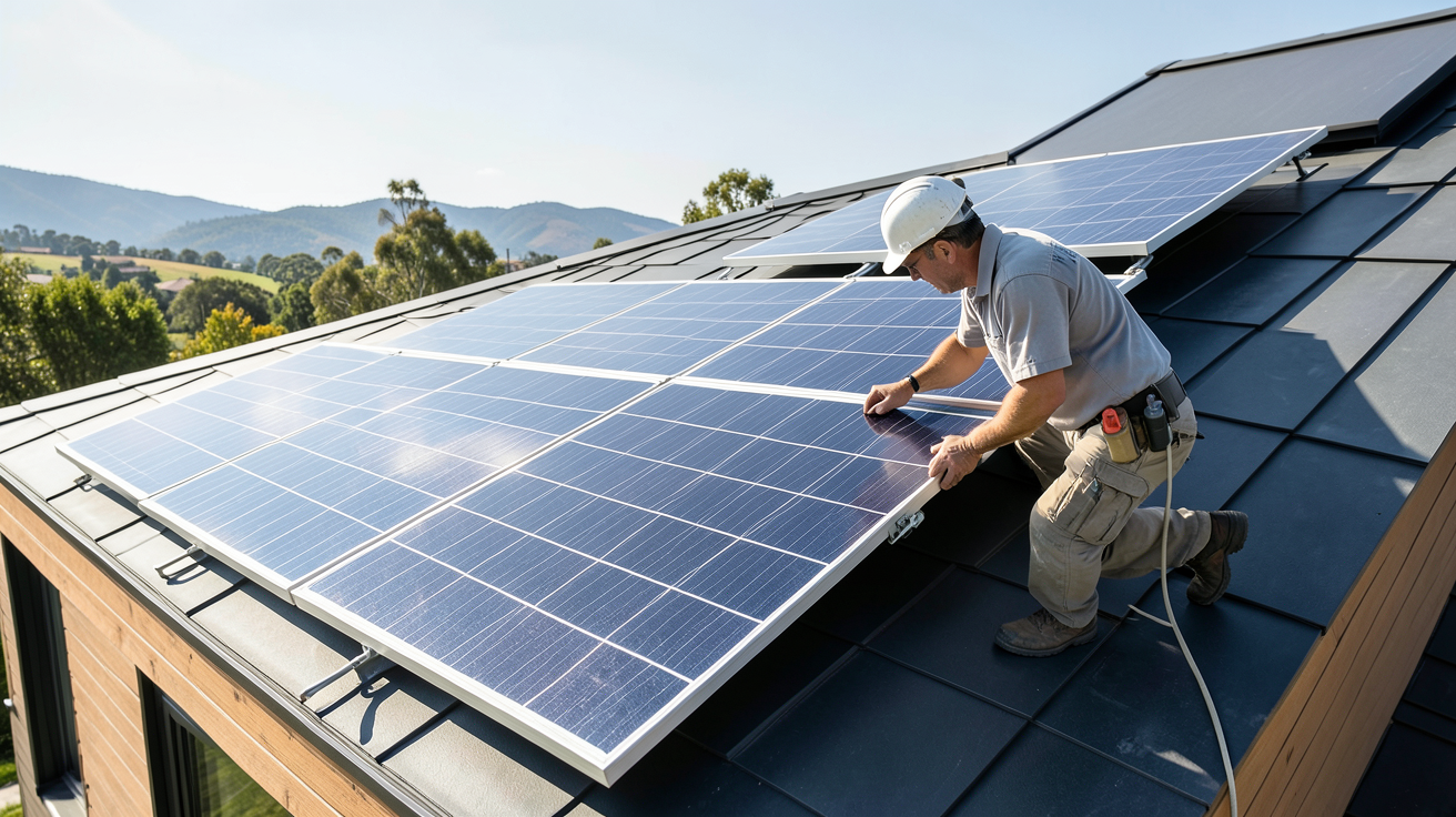 panneau solaire en cours d'installation sur le toit d'une maison moderne par un professionnel.