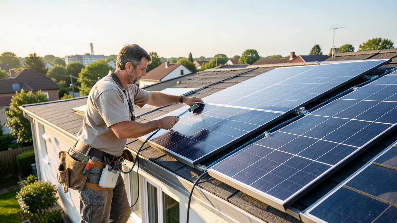 panneau solaire installé soi-même sur le toit d'une maison avec des aides financières comme la Prime Énergie Rénovation