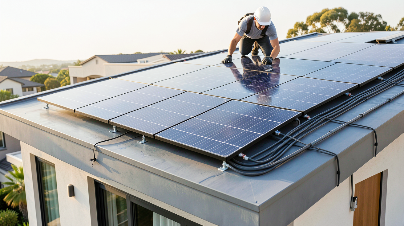 panneau solaire intégré en cours d'installation sur le toit d'une maison moderne