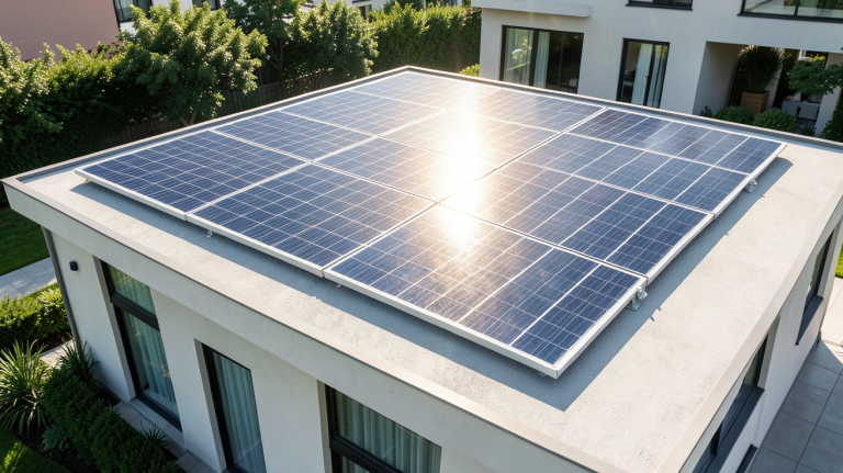 panneau solaire intégré installé sur le toit d'une maison moderne, capturé en plein jour avec un éclairage naturel