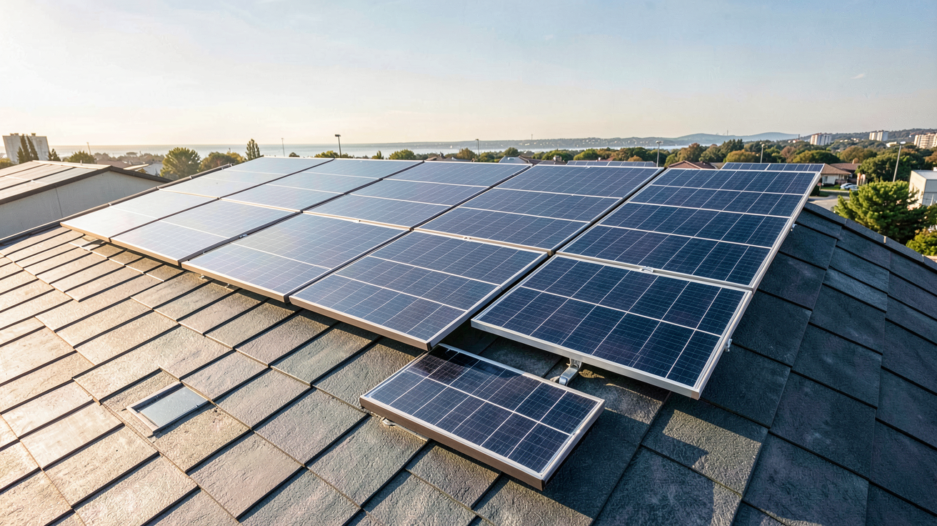 panneau solaire intégré toiture définition fonctionnement montrant des panneaux photovoltaïques parfaitement intégrés dans une toiture moderne