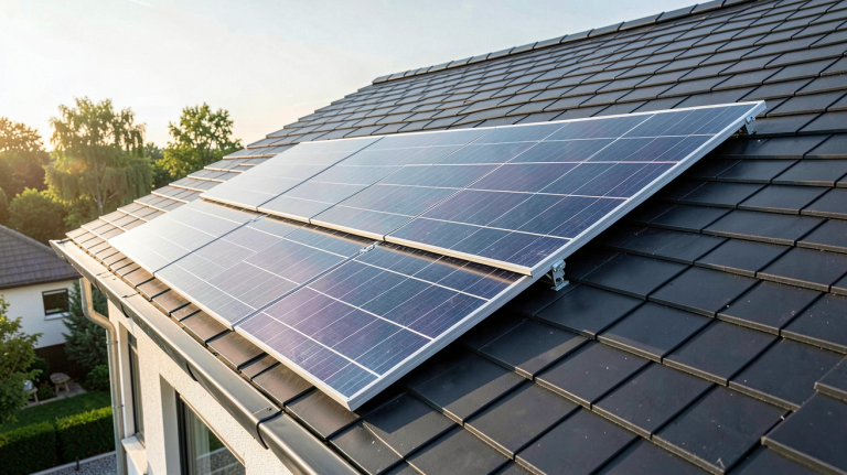 panneau solaire intégré toiture d'une maison contemporaine avec tuiles noires