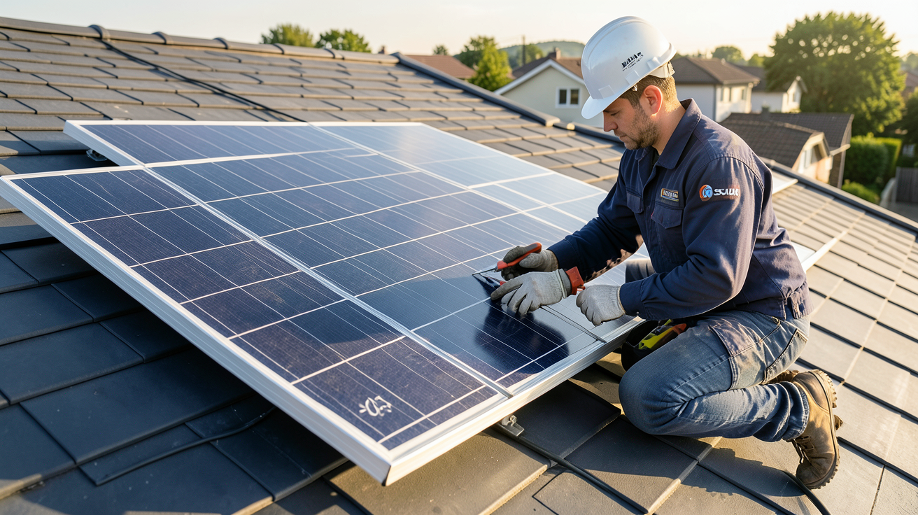 panneau solaire JA Solar installé sur un toit résidentiel avec un technicien en train de finaliser l'installation