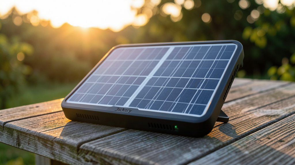 panneau solaire Jackery posé sur une table en bois extérieur avec lumière naturelle