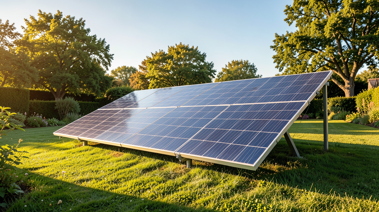 panneau solaire installé dans un jardin avec un emplacement idéal orienté sud et inclinaison optimale