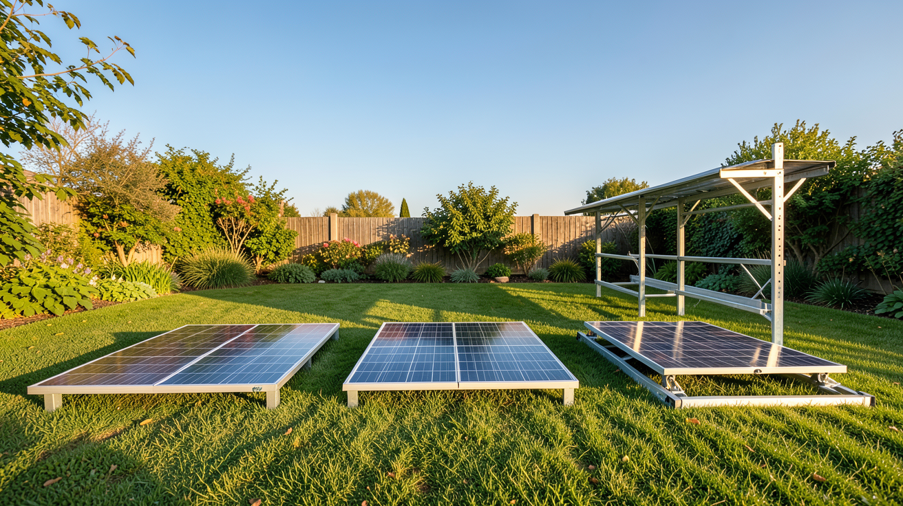 panneau solaire jardin : comparaison des supports au sol les plus répandus (fixe, orientable, surélevé) dans un jardin ensoleillé