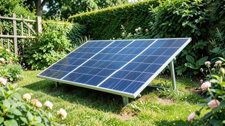 panneau solaire jardin installé dans un jardin verdoyant avec des plantes et une pelouse lumineuse