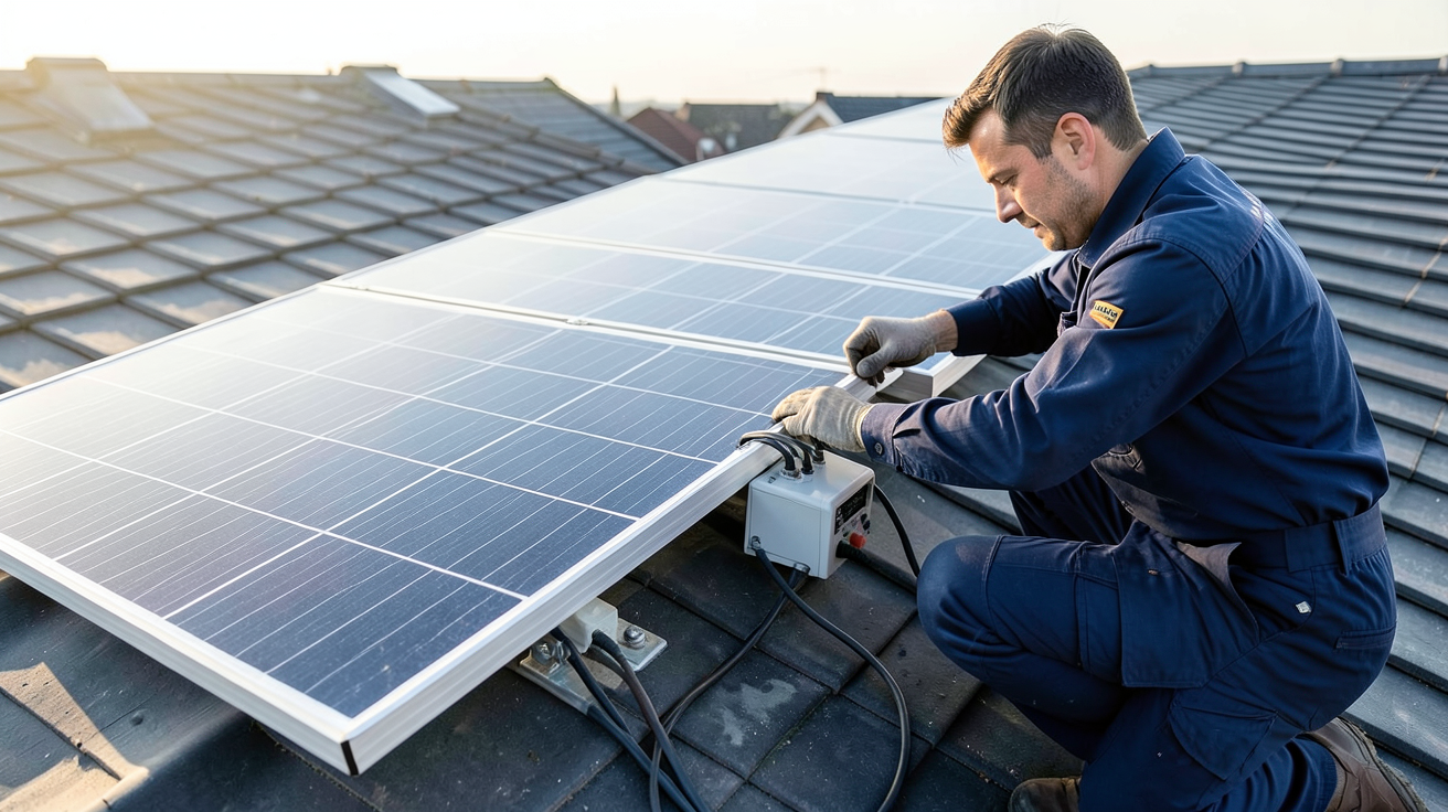 panneau solaire Jinko installé sur un toit avec un technicien en train d'optimiser son installation