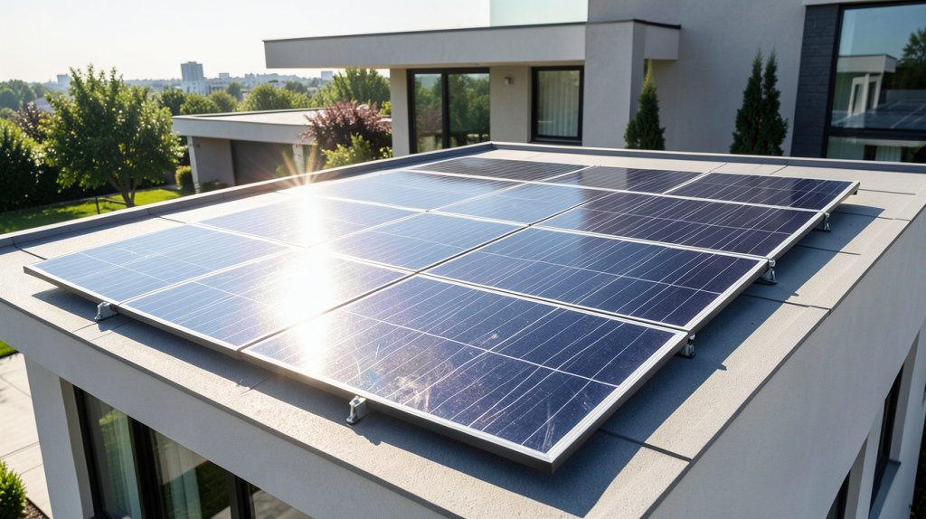 panneau solaire jinko installé sur un toit résidentiel moderne sous un ciel bleu