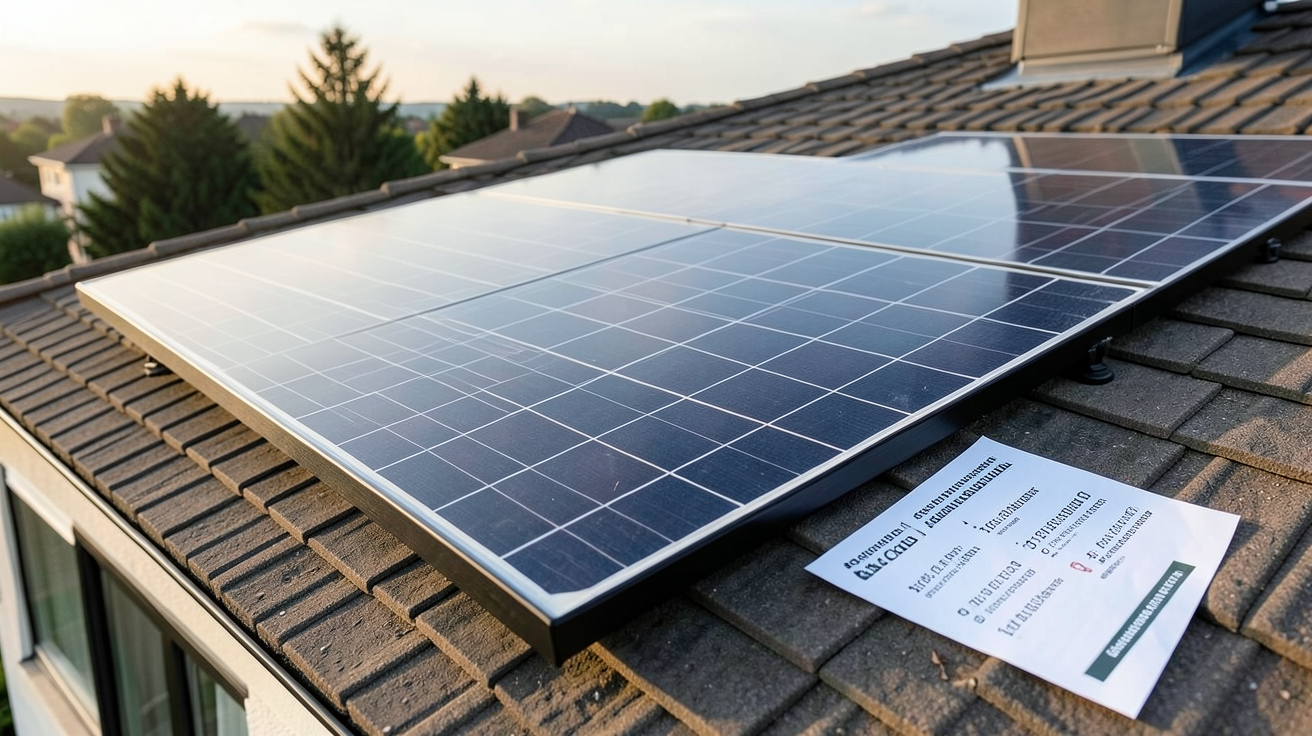 panneau solaire jumbo illustrant le coût, l'amortissement et les subventions avec des documents financiers à côté