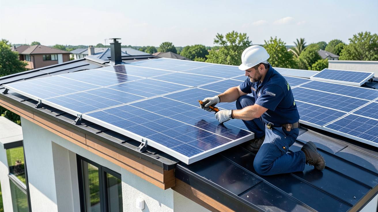 panneau solaire jumbo installé sur le toit d'une maison lors d'une procédure d'installation