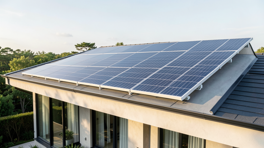 panneau solaire jumbo installé sur le toit d'une maison contemporaine
