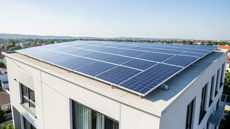 panneau solaire kwh par m2 montrant une installation sur un toit ensoleillé avec la mesure de la densité énergétique affichée