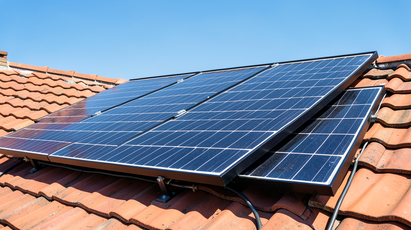 panneau solaire kWh installé sur un toit en tuiles rouges sous un ciel ensoleillé