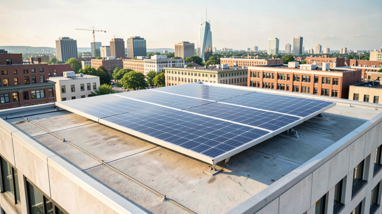 panneau solaire le plus puissant installé sur le toit d'un immeuble urbain moderne