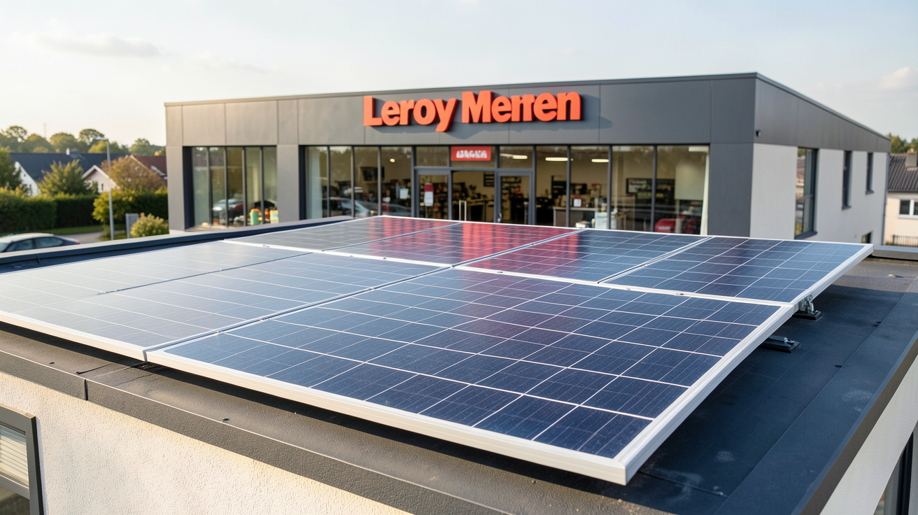 panneau solaire Leroy Merlin installé sur le toit d'une maison moderne avec le magasin en arrière-plan