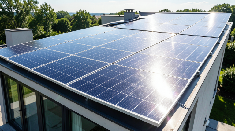 panneau solaire les plus puissant installés sur le toit d'une maison moderne sous un ciel bleu