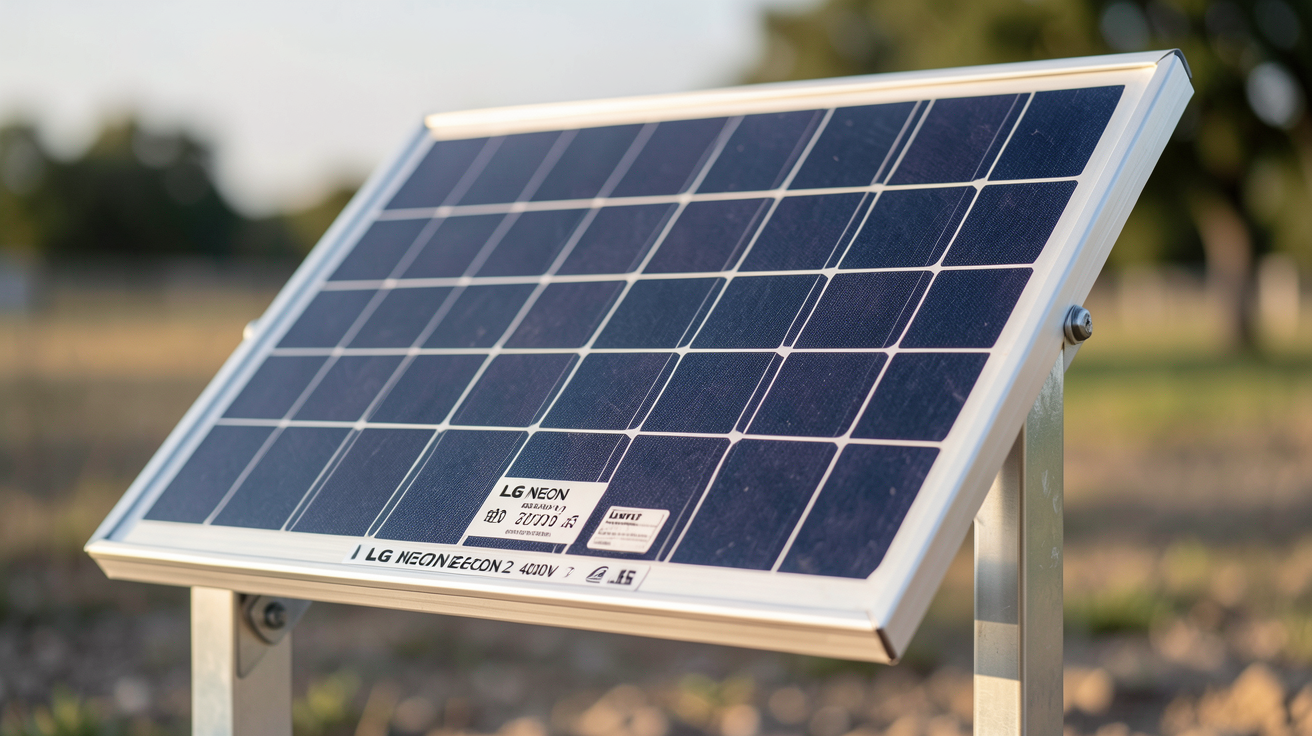 panneau solaire LG NeON 2 400W avec étiquette technique visible, posé sur support métallique en extérieur