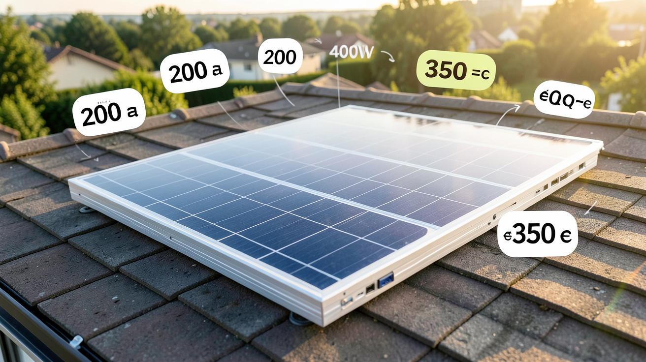 panneau solaire LG 400W posé sur un toit avec des étiquettes de prix virtuelles indiquant une fourchette de 200 à 350 euros