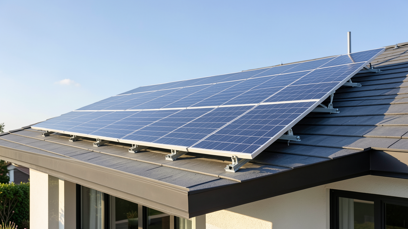 panneau solaire LG bifacial installé sur le toit d'une maison résidentielle avec des cellules photovoltaïques visibles