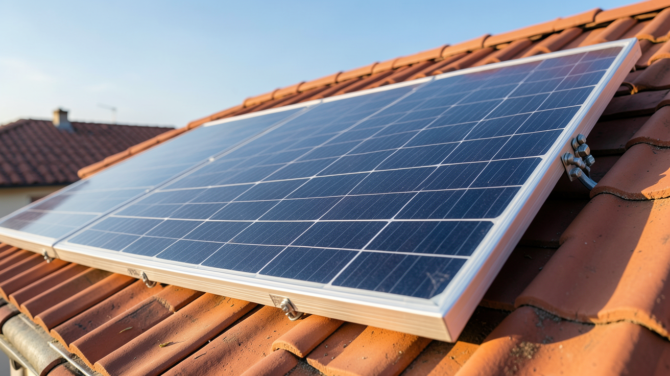 panneau solaire LG NeON 2 en gros plan sur un toit résidentiel