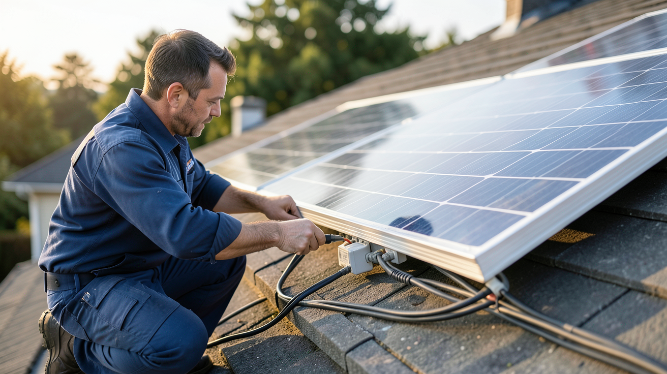 panneau solaire LG installé sur un toit avec un technicien vérifiant les branchements, illustrant le prix moyen et l'éligibilité aux aides financières