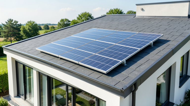 panneau solaire lg installé sur le toit d'une maison moderne, montrant des panneaux photovoltaïques LG brillants sous le soleil
