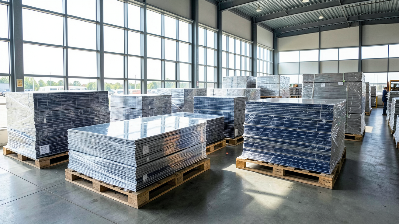 panneau solaire liquidation destockage entrepôt moderne avec panneaux empilés sur palettes