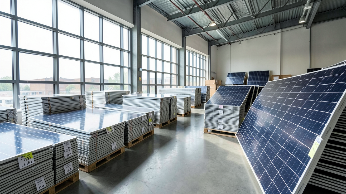 panneau solaire liquidation destockage entrepôt moderne avec panneaux solaires empilés et étiquettes de prix