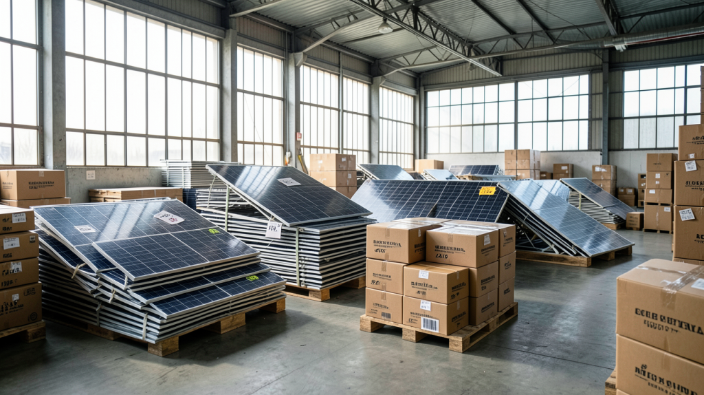 panneau solaire liquidation dans un entrepôt industriel avec des caisses empilées