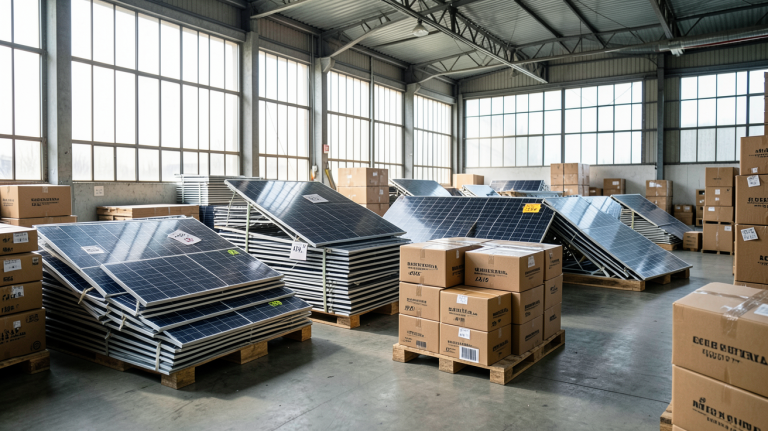 panneau solaire liquidation dans un entrepôt industriel avec des caisses empilées