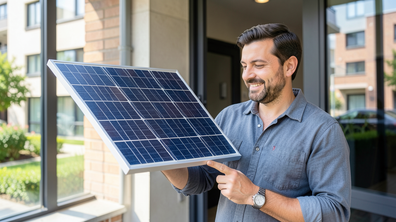 panneau solaire locataire montrant un locataire examinant un kit solaire plug-and-play