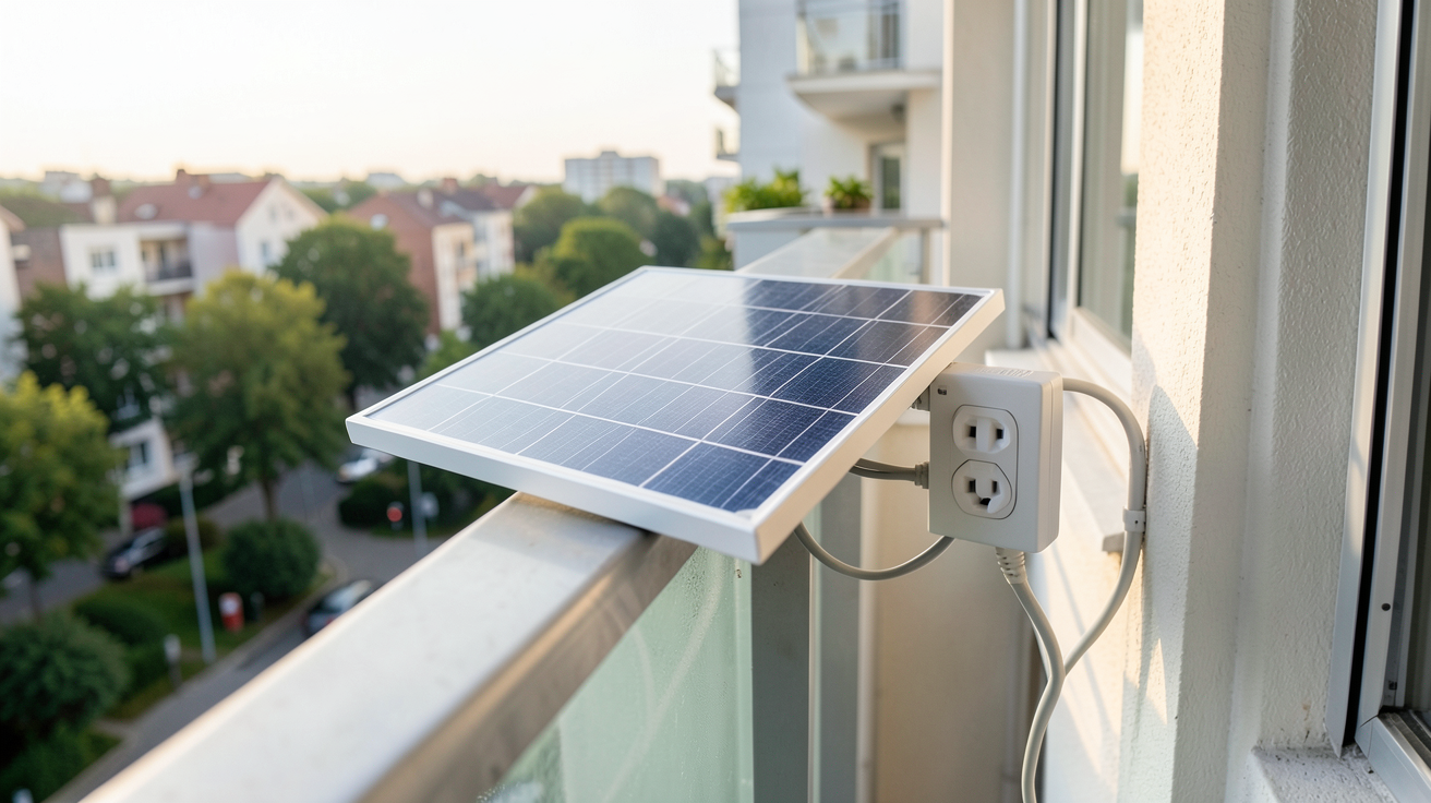 panneau solaire locataire montrant un kit plug-and-play fixé sur le balcon d'un appartement moderne