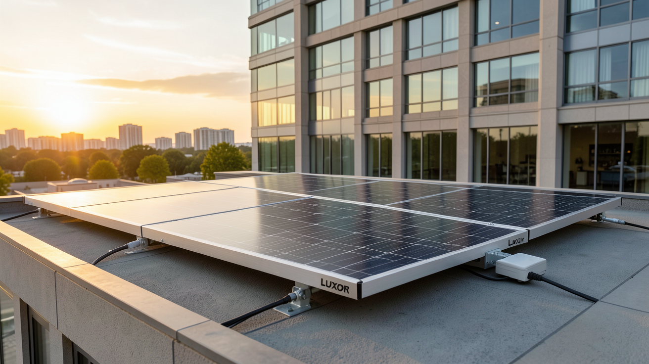 panneau solaire Luxor installé sur un toit résidentiel et un bâtiment commercial, montrant l'installation et la compatibilité des systèmes