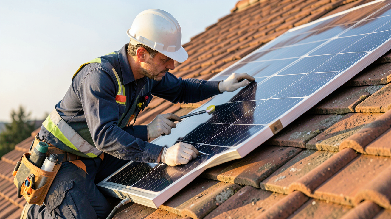 panneau solaire magnétique en cours d'installation sur un toit en tuiles par un professionnel