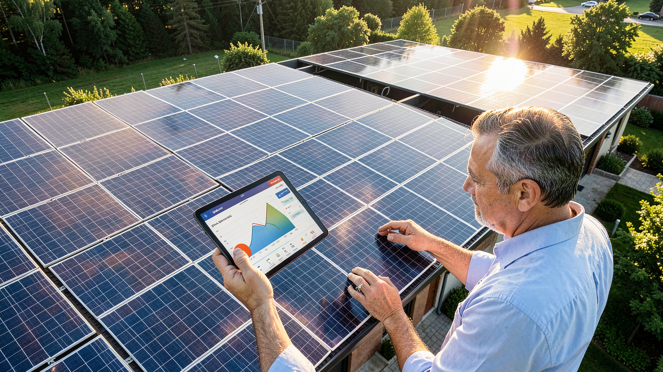 panneau solaire maison autonome dimensionnant le parc photovoltaïque, vue du toit avec panneaux solaires et outils de calcul, image ultra réaliste optimisée SEO