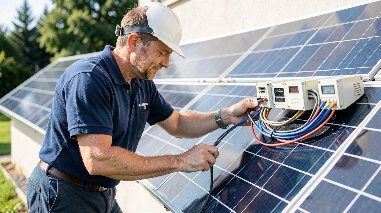 panneau solaire maison autonome : installation, câblage et protections en cours par un professionnel
