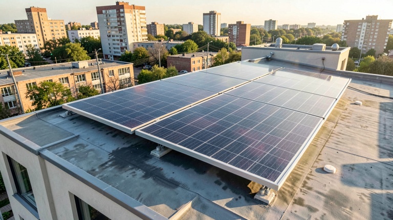 panneau solaire installé sur le toit d'une maison autonome en milieu urbain